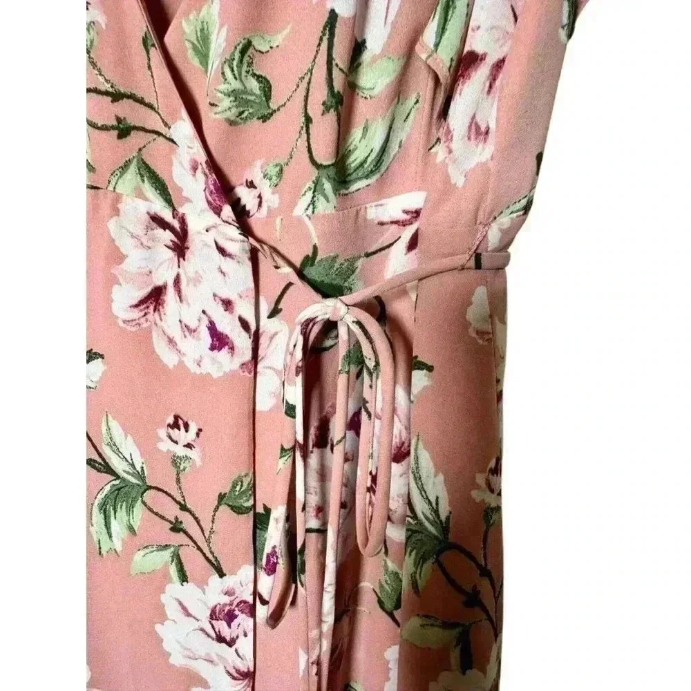 Charles Henry Floral Wrap‎ Dress Size Small Pink Lined Short Flutter Sleeves